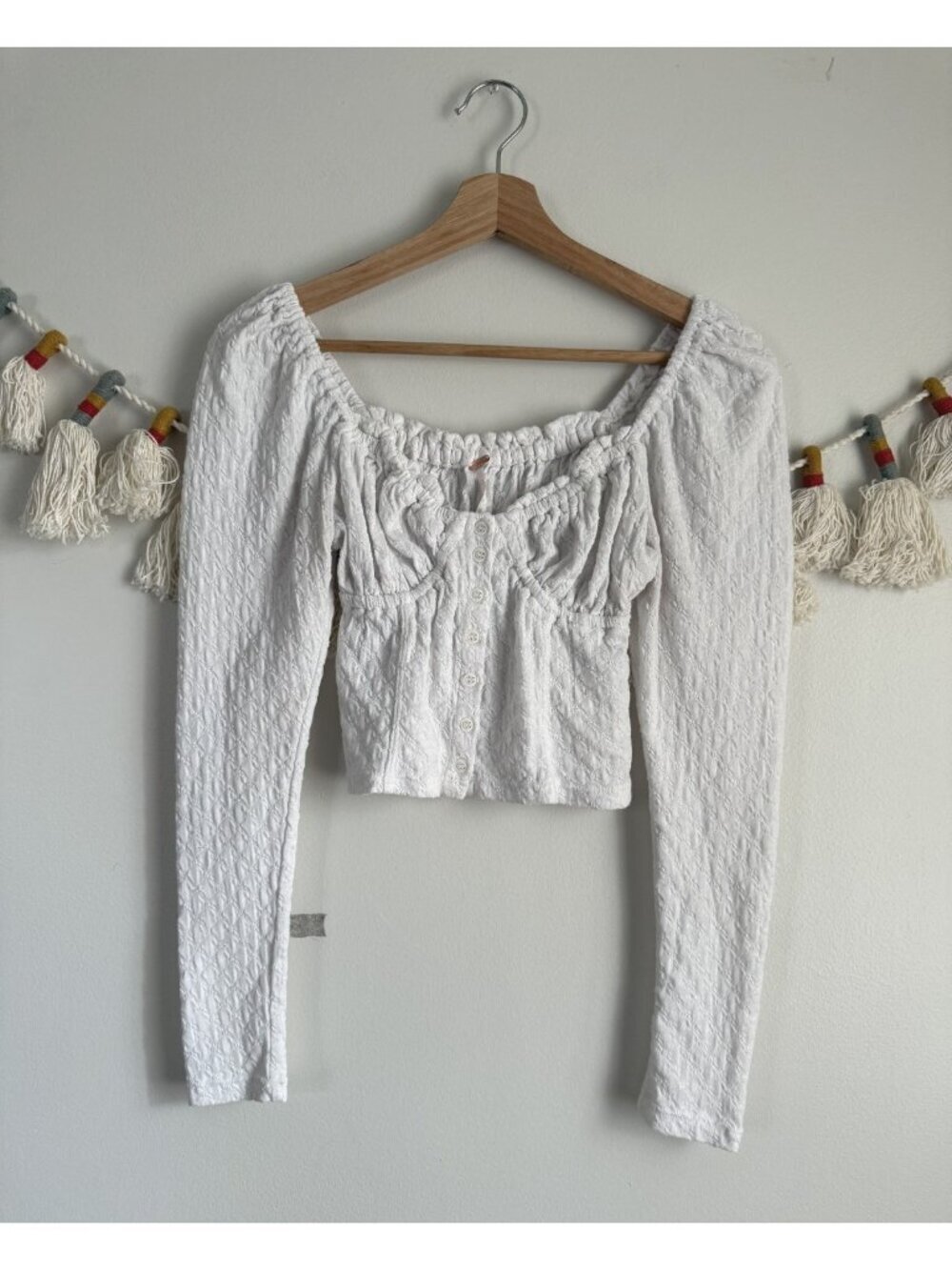 Free People Textured Ruched Button Front Long Sleeve Crop Top White Festival XS